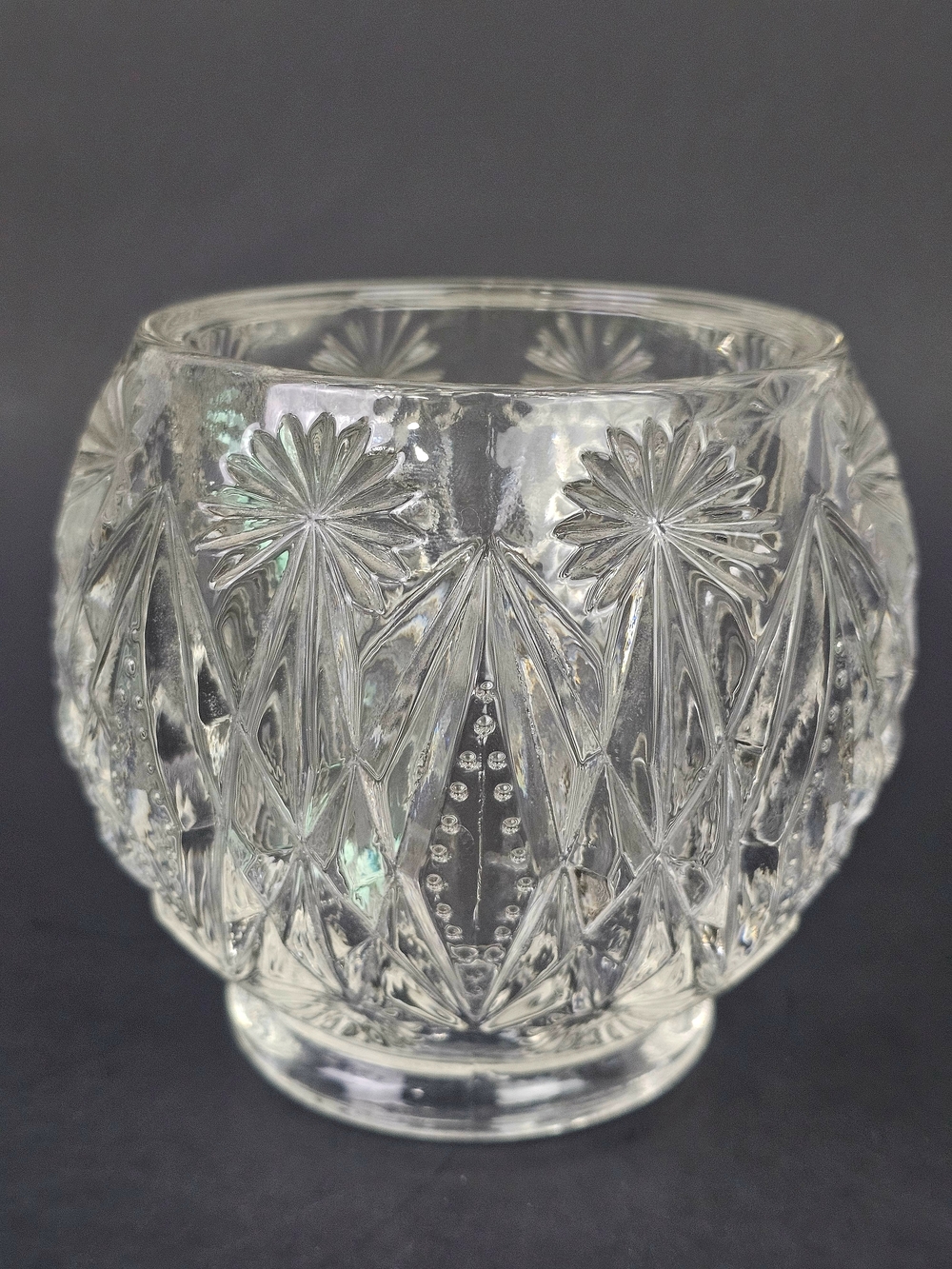 Avon Clear Diamond Cut Crystal Glass Rose Bowl~Vase~Candle Holder~Starburst 4"